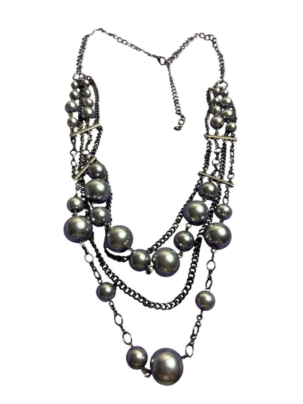 Blue-Grey Glass Faux Pearl Beaded Gunmetal Chain Necklace Multi Strand 28-31 in